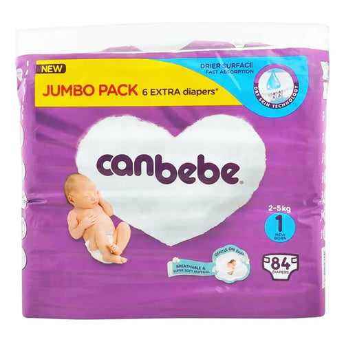 Canbebe diaper package with a purple heart and baby illustration on a white background